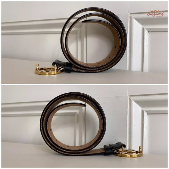 Authentic Gucci Black Calfskin Leather Gold Interlocking G Buckle Belt 80/32 - Picture 9 of 13